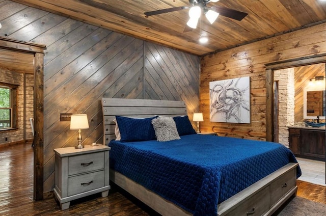 31 Conifer Crossing Trl, Broken Bow, OK 74728 - bedroom with wooden walls, wooden ceiling, and dark wood finished floors