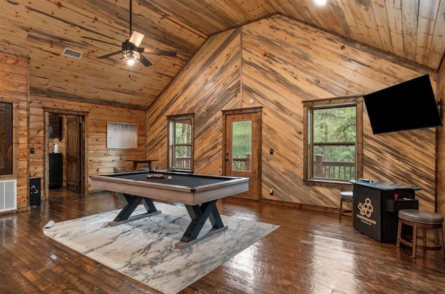 31 Conifer Crossing Trl, Broken Bow, OK 74728 - recreation room with wood ceiling, wood walls, a ceiling fan, wood-type flooring, and billiards