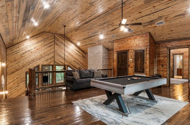 31 Conifer Crossing Trl, Broken Bow, OK 74728 - game room with ceiling fan, wooden walls, pool table, hardwood / wood-style flooring, and high vaulted ceiling