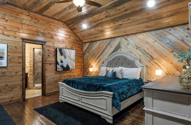 31 Conifer Crossing Trl, Broken Bow, OK 74728 - bedroom with vaulted ceiling, wood ceiling, wood walls, and hardwood / wood-style flooring