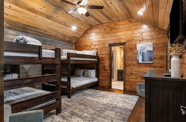 31 Conifer Crossing Trl, Broken Bow, OK 74728 - bedroom featuring vaulted ceiling, wooden ceiling, wooden walls, and hardwood / wood-style flooring