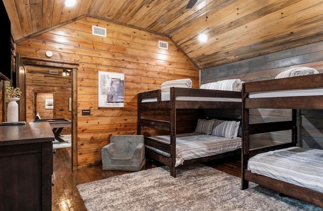 31 Conifer Crossing Trl, Broken Bow, OK 74728 - bedroom with lofted ceiling, wood ceiling, wooden walls, and hardwood / wood-style flooring