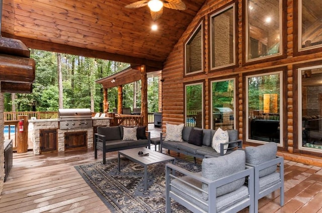 31 Conifer Crossing Trl, Broken Bow, OK 74728 - living area with high vaulted ceiling, a ceiling fan, rustic walls, light wood-style flooring, and wooden ceiling