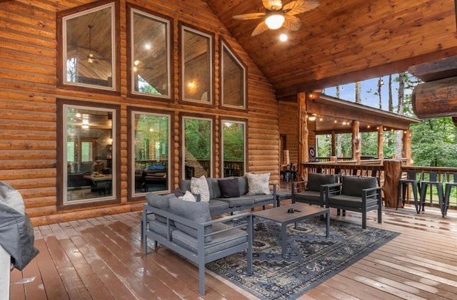 31 Conifer Crossing Trl, Broken Bow, OK 74728 - living room featuring high vaulted ceiling, hardwood / wood-style floors, ceiling fan, log walls, and wooden ceiling