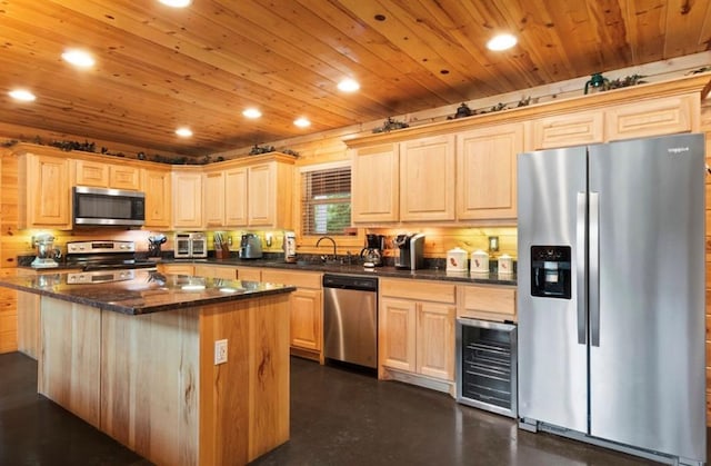 170 Driftcast Rd, Broken Bow, OK 74728 - kitchen featuring appliances with stainless steel finishes, light brown cabinetry, recessed lighting, a sink, and wood ceiling