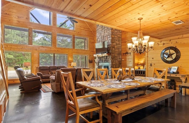 170 Driftcast Rd, Broken Bow, OK 74728 - dining space with wood walls, high vaulted ceiling, wooden ceiling, a stone fireplace, and concrete flooring