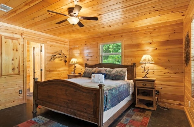 170 Driftcast Rd, Broken Bow, OK 74728 - bedroom featuring wooden ceiling, wood walls, and a ceiling fan