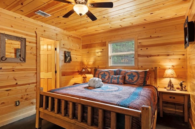 170 Driftcast Rd, Broken Bow, OK 74728 - bedroom featuring wooden ceiling, wood walls, and ceiling fan