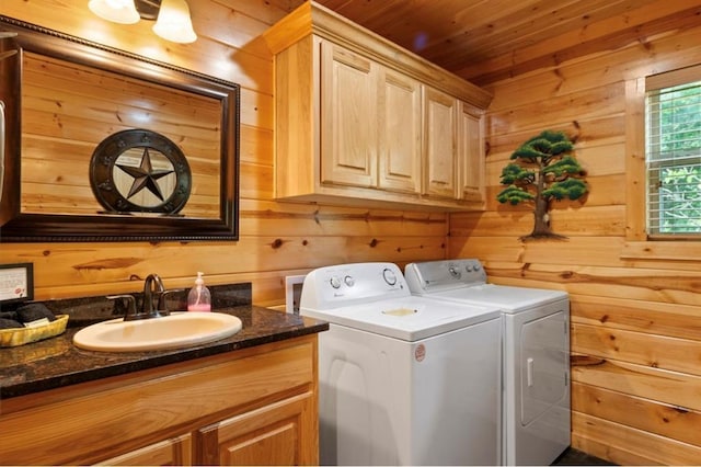 170 Driftcast Rd, Broken Bow, OK 74728 - washroom featuring a sink, separate washer and dryer, wood walls, and wooden ceiling