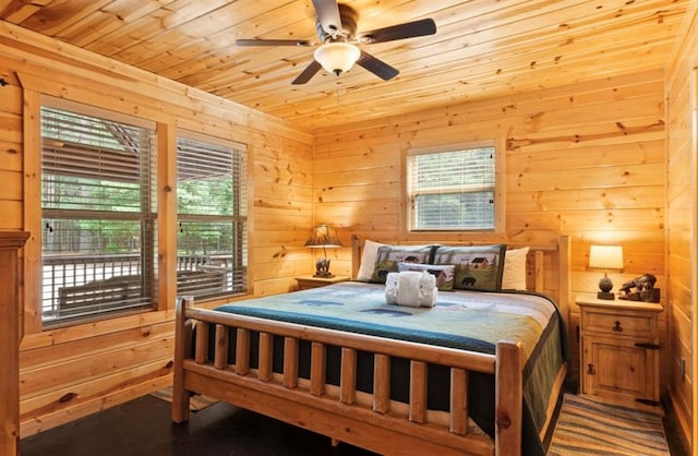 170 Driftcast Rd, Broken Bow, OK 74728 - bedroom with wooden ceiling, multiple windows, wood walls, and a ceiling fan