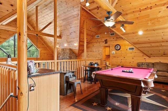 170 Driftcast Rd, Broken Bow, OK 74728 - game room featuring light wood-style flooring, ceiling fan, wood ceiling, wooden walls, and billiards