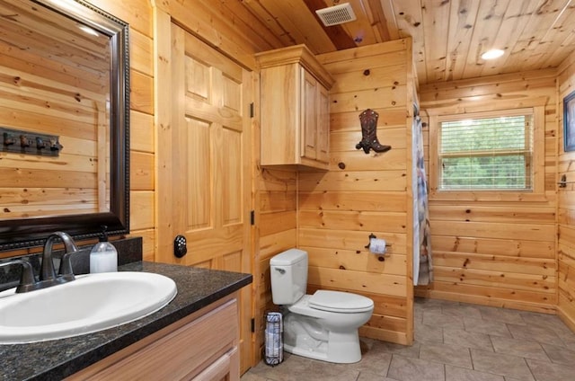 170 Driftcast Rd, Broken Bow, OK 74728 - bathroom featuring wooden ceiling, wooden walls, vanity, and toilet
