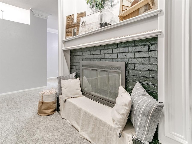 16716 Valley Crst, Edmond, OK 73012 - detailed view of carpet, a brick fireplace, ornamental molding, and baseboards