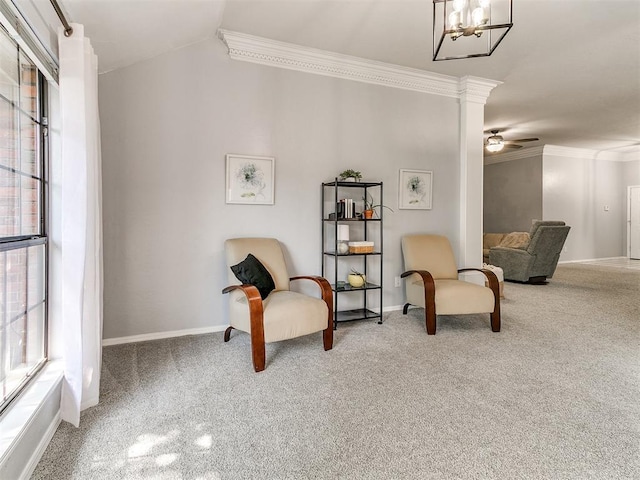 16716 Valley Crst, Edmond, OK 73012 - sitting room with carpet flooring, ornamental molding, baseboards, and lofted ceiling