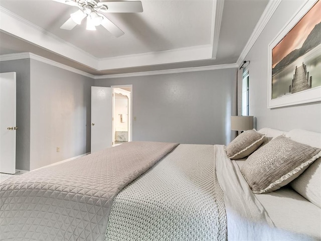 16716 Valley Crst, Edmond, OK 73012 - bedroom with a raised ceiling, crown molding, and ceiling fan