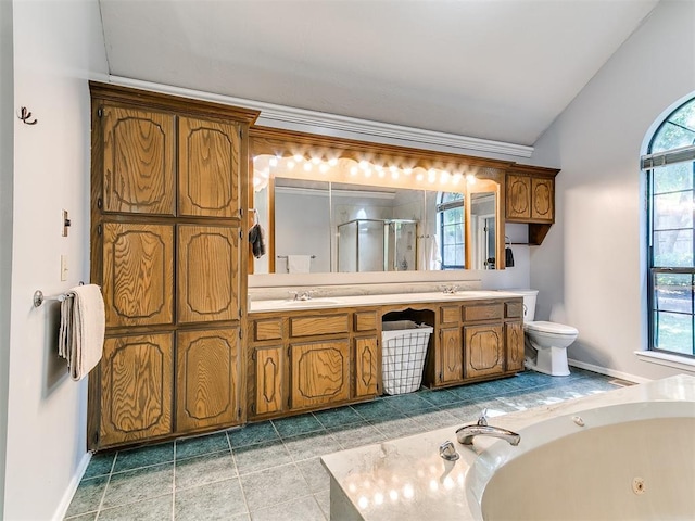 16716 Valley Crst, Edmond, OK 73012 - bathroom with double vanity, a stall shower, vaulted ceiling, a tub with jets, and toilet