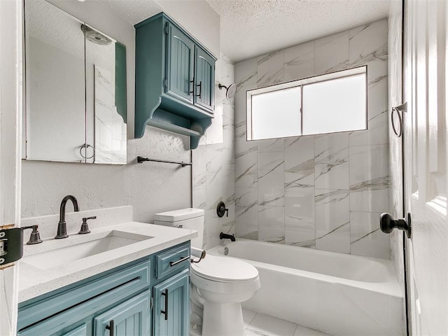 2713 SW 75th St, Oklahoma City, OK 73159 - full bathroom featuring a textured ceiling, toilet, vanity,  shower combination, and a textured wall