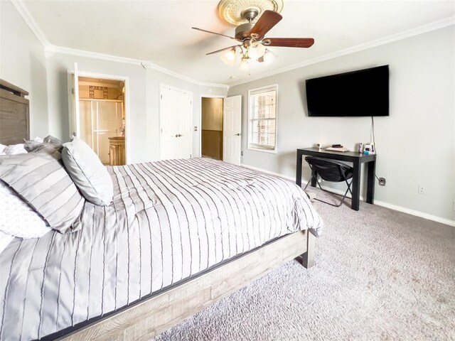1117 SW 37th St, Oklahoma City, OK 73109 - bedroom featuring ornamental molding, carpet, baseboards, a ceiling fan, and ensuite bathroom