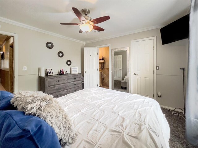 1117 SW 37th St, Oklahoma City, OK 73109 - bedroom featuring carpet flooring, crown molding, ceiling fan, and baseboards