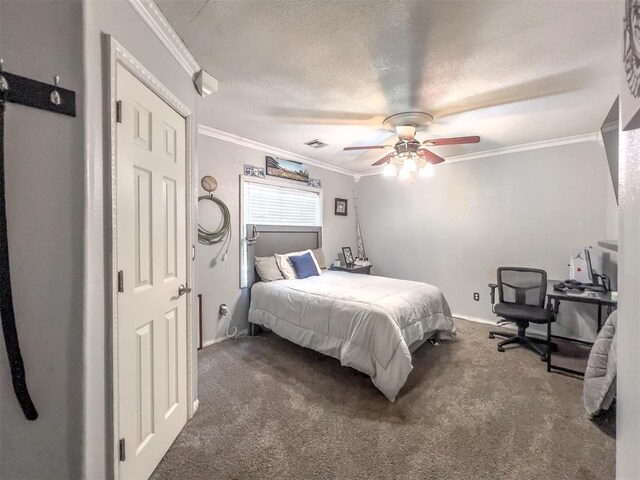 1117 SW 37th St, Oklahoma City, OK 73109 - carpeted bedroom with crown molding, a textured ceiling, ceiling fan, and baseboards
