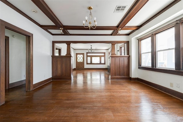 1505 NW 34th St, Oklahoma City, OK 73118 - foyer entrance with a chandelier, hardwood / wood-style flooring, baseboards, beamed ceiling, and coffered ceiling