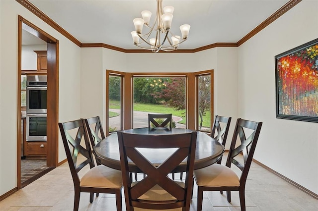 2108 Woodhill Rd, Edmond, OK 73025 - dining room with baseboards, a chandelier, and ornamental molding