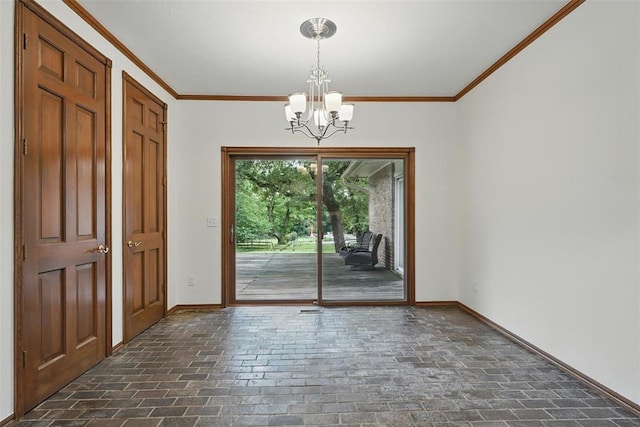 2108 Woodhill Rd, Edmond, OK 73025 - unfurnished dining area with brick flooring, a chandelier, baseboards, and crown molding