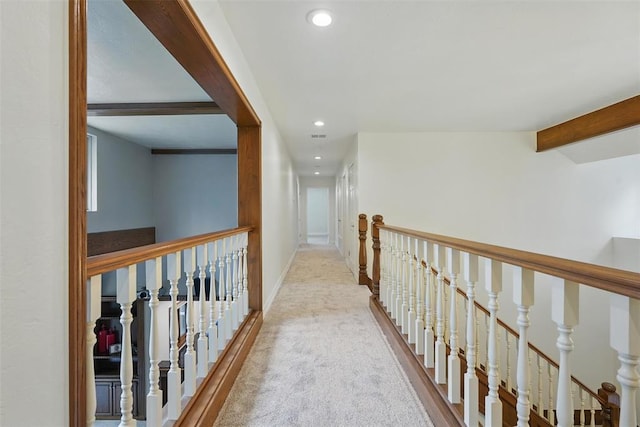 2108 Woodhill Rd, Edmond, OK 73025 - corridor featuring recessed lighting, carpet floors, beam ceiling, and baseboards