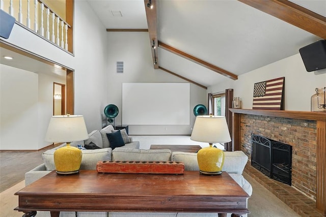 2108 Woodhill Rd, Edmond, OK 73025 - living room featuring a fireplace, high vaulted ceiling, carpet floors, and beamed ceiling