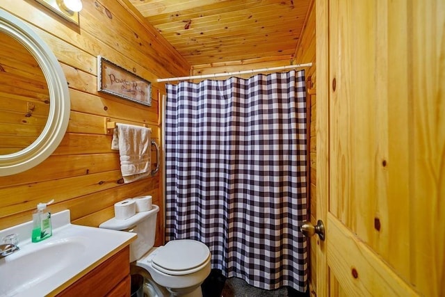 657 Canoe Rd, Broken Bow, OK 74728 - full bathroom featuring wood walls, wooden ceiling, vanity, toilet, and curtained shower