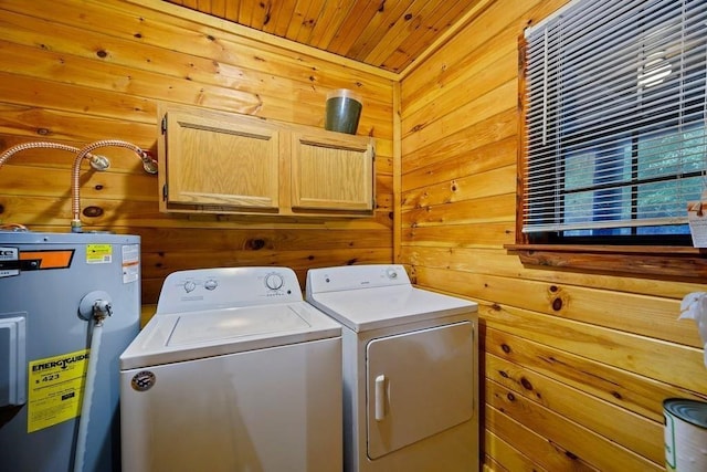 657 Canoe Rd, Broken Bow, OK 74728 - washroom with water heater, cabinet space, wood walls, washing machine and dryer, and wooden ceiling