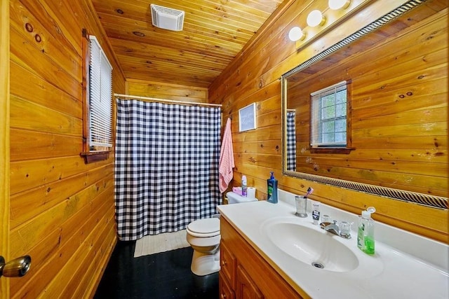 657 Canoe Rd, Broken Bow, OK 74728 - bathroom with vanity, toilet, wood walls, wood ceiling, and a shower with curtain