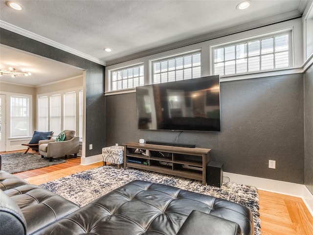 1218 NW 21st St, Oklahoma City, OK 73106 - living room with crown molding, wood finished floors, recessed lighting, and baseboards