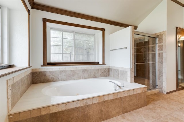 2613 NW 159th St, Edmond, OK 73013 - bathroom featuring a whirlpool tub, a stall shower, tile patterned flooring, and ornamental molding