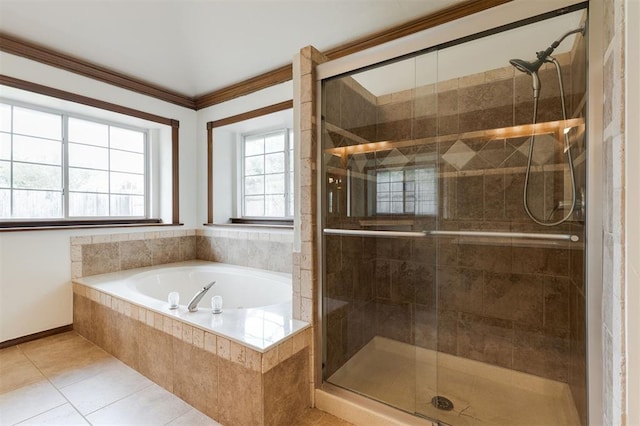 2613 NW 159th St, Edmond, OK 73013 - full bath with tile patterned flooring, a garden tub, a stall shower, and crown molding