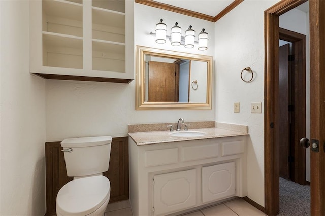 2613 NW 159th St, Edmond, OK 73013 - bathroom featuring vanity, toilet, ornamental molding, and tile patterned flooring