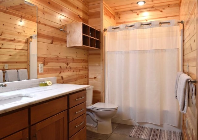 250 Almond Ln, Broken Bow, OK 74728 - bathroom featuring wood walls, vanity, tile patterned floors, and curtained shower