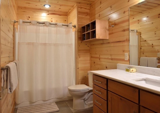 250 Almond Ln, Broken Bow, OK 74728 - bathroom featuring wood walls, vanity, tile patterned flooring, shower / bath combination with curtain, and wood ceiling
