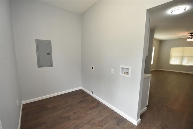 411 W Highland St, Shawnee, OK 74801 - washroom featuring electric panel, electric dryer hookup, hookup for a washing machine, dark wood-style flooring, and ceiling fan