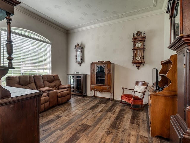 2500 Huntwick Dr, Edmond, OK 73034 - living area featuring dark wood-type flooring and crown molding