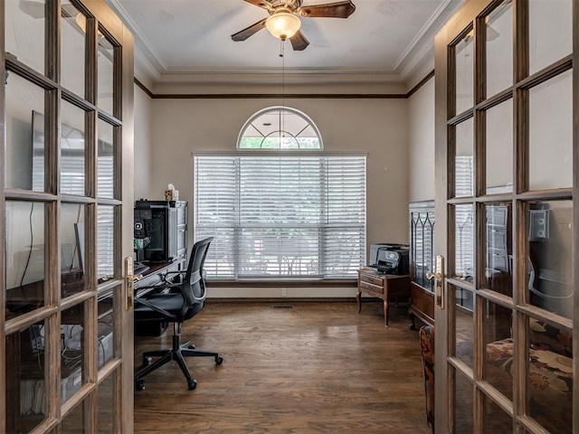 2500 Huntwick Dr, Edmond, OK 73034 - office featuring ornamental molding, french doors, a ceiling fan, and dark wood-type flooring
