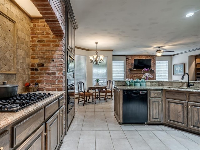 2500 Huntwick Dr, Edmond, OK 73034 - kitchen with black appliances, a sink, light tile patterned floors, ceiling fan, and ornamental molding