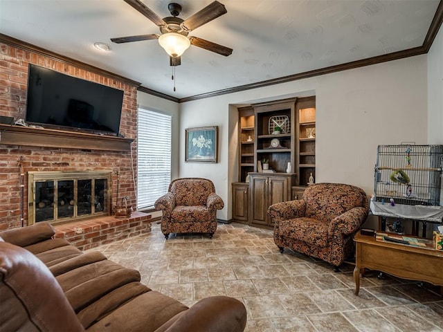 2500 Huntwick Dr, Edmond, OK 73034 - living area with light stone finish floors, a ceiling fan, ornamental molding, and a fireplace