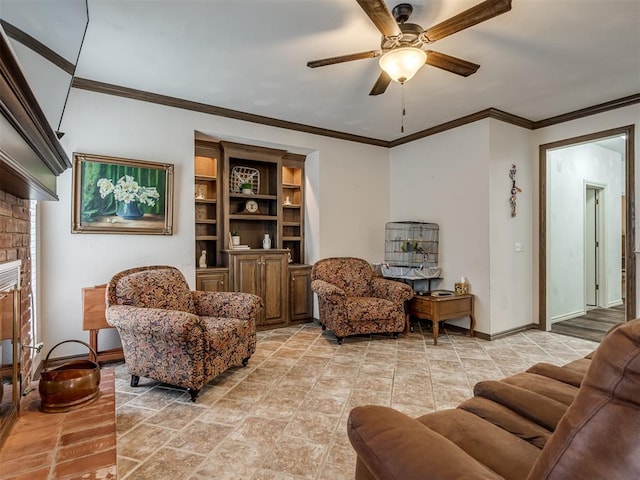 2500 Huntwick Dr, Edmond, OK 73034 - living room with ceiling fan, crown molding, baseboards, and a brick fireplace