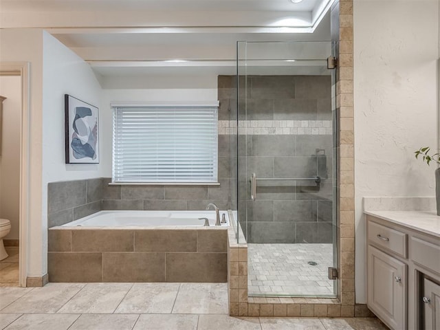 2500 Huntwick Dr, Edmond, OK 73034 - full bath featuring a garden tub, toilet, vanity, and a stall shower