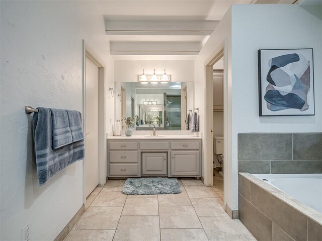 2500 Huntwick Dr, Edmond, OK 73034 - bathroom featuring vanity, a bath, tile patterned floors, a shower, and toilet
