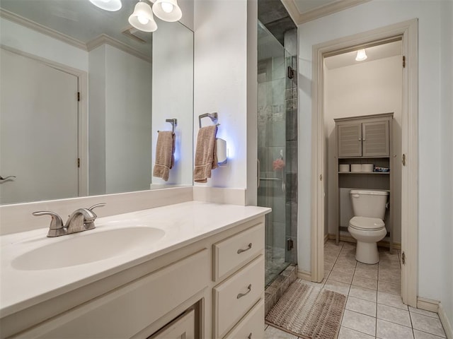 2500 Huntwick Dr, Edmond, OK 73034 - full bathroom with vanity, a shower stall, toilet, crown molding, and tile patterned floors