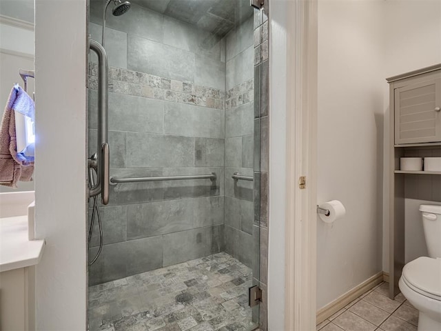 2500 Huntwick Dr, Edmond, OK 73034 - full bath featuring toilet, tile patterned flooring, a shower stall, vanity, and baseboards