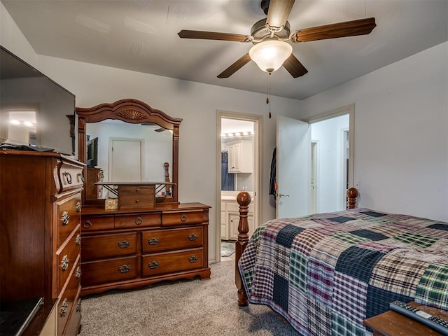 2500 Huntwick Dr, Edmond, OK 73034 - bedroom featuring light carpet, ceiling fan, and ensuite bathroom
