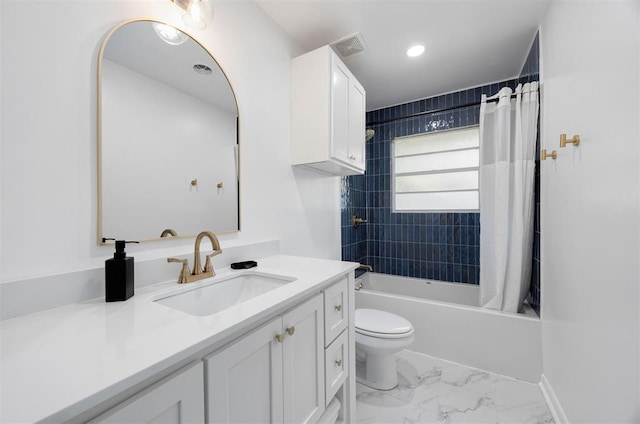 1224 W Brooks St, Norman, OK 73069 - bathroom with vanity, toilet, shower / bath combination with curtain, marble look tile flooring, and recessed lighting